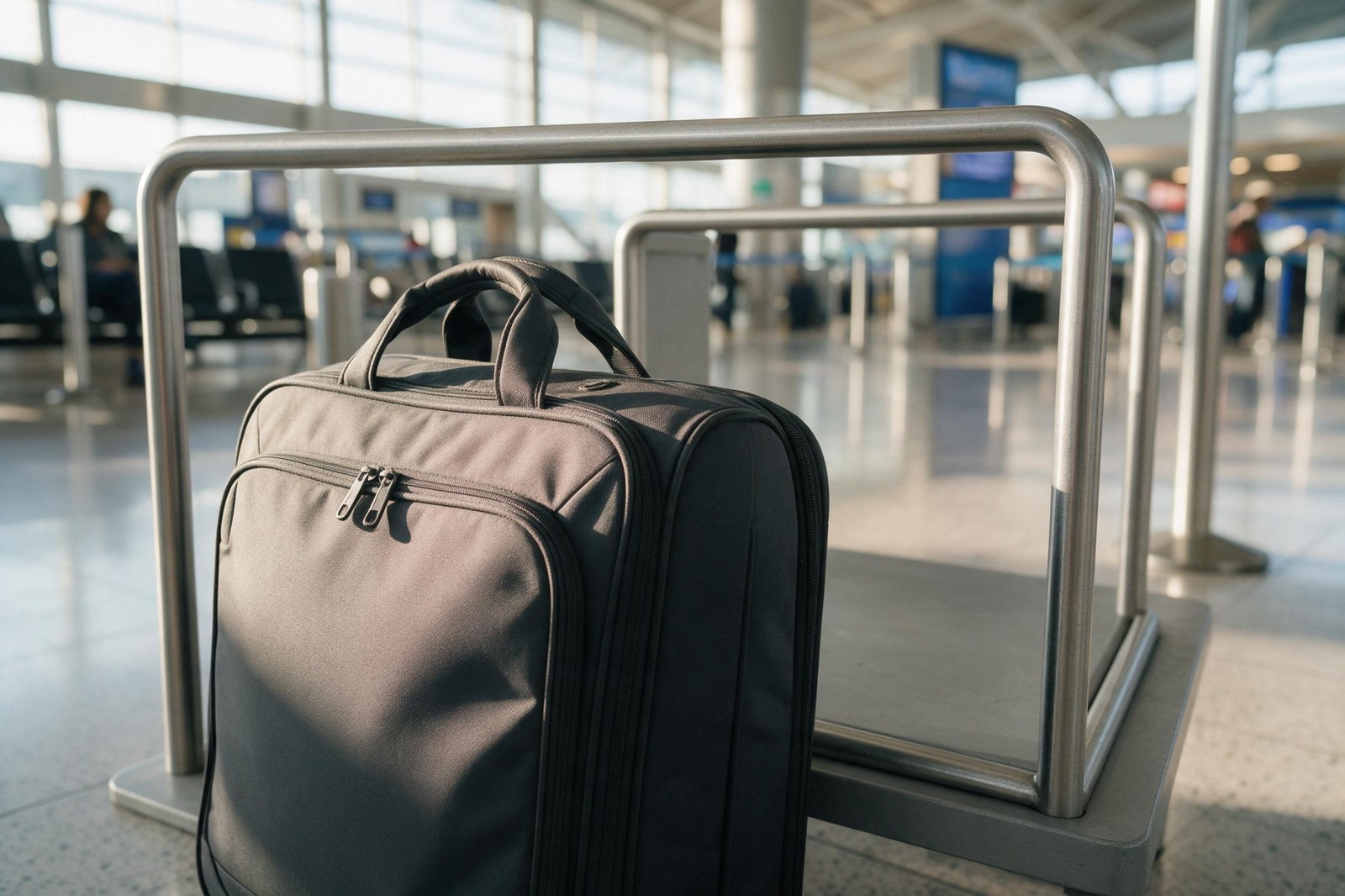 carry-on bag next to an airport sizer frame
