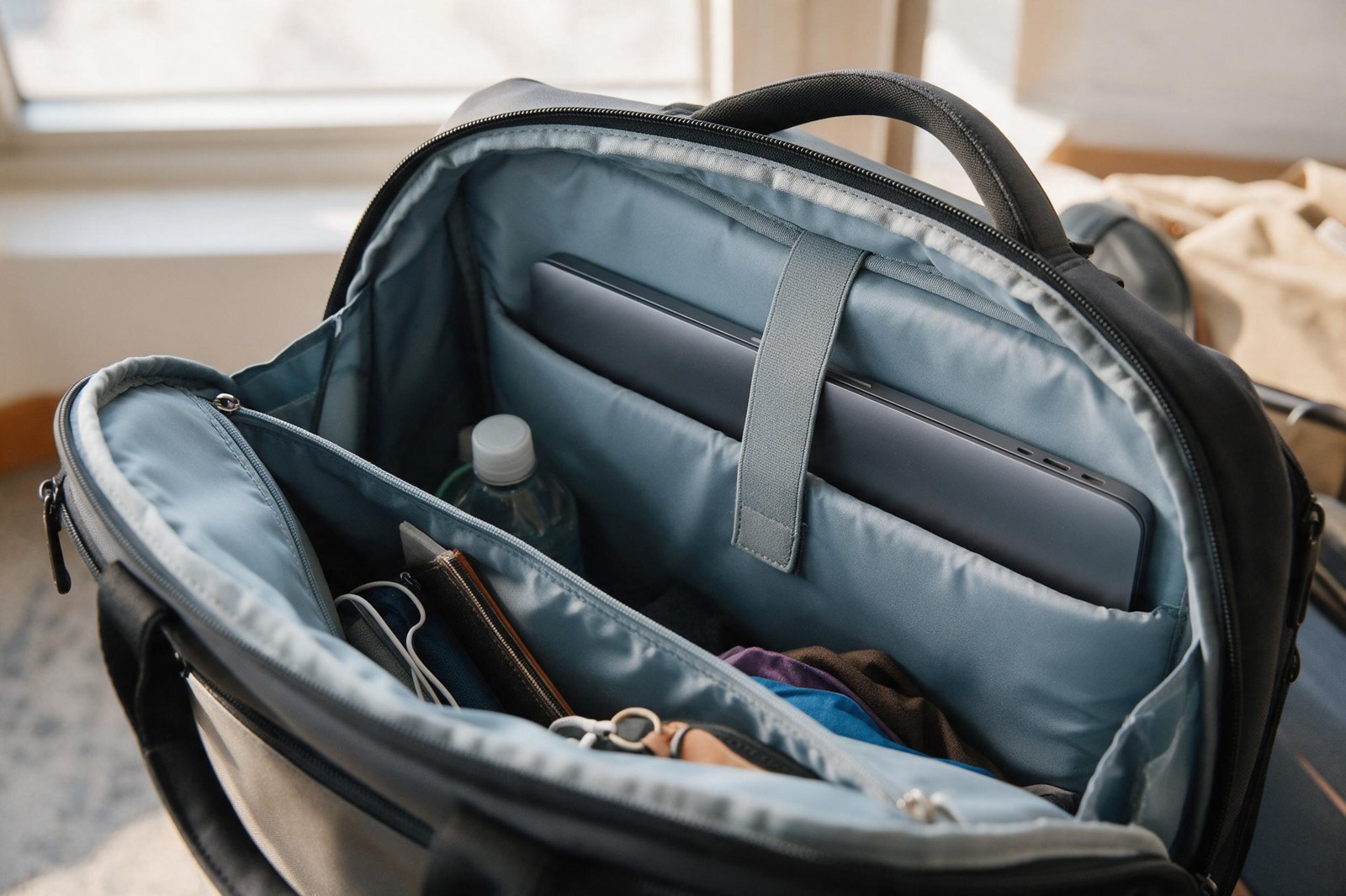 open carry-on showing padded laptop compartment
