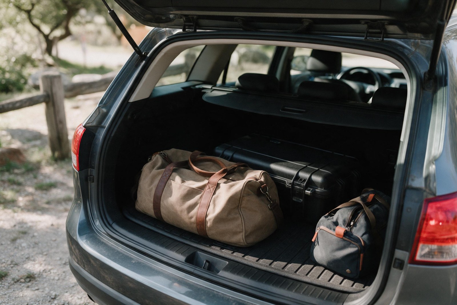 open car trunk with duffel, hard case, and small overnight bag arranged