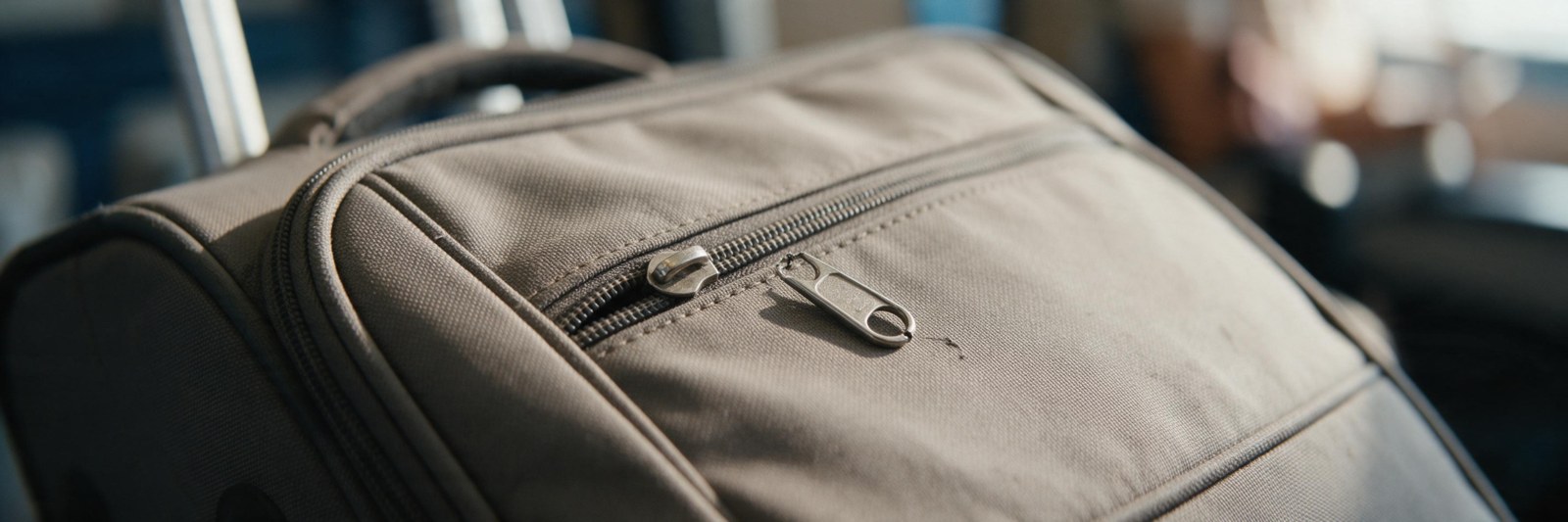 close-up of a broken zipper pull on a carry-on front pocket