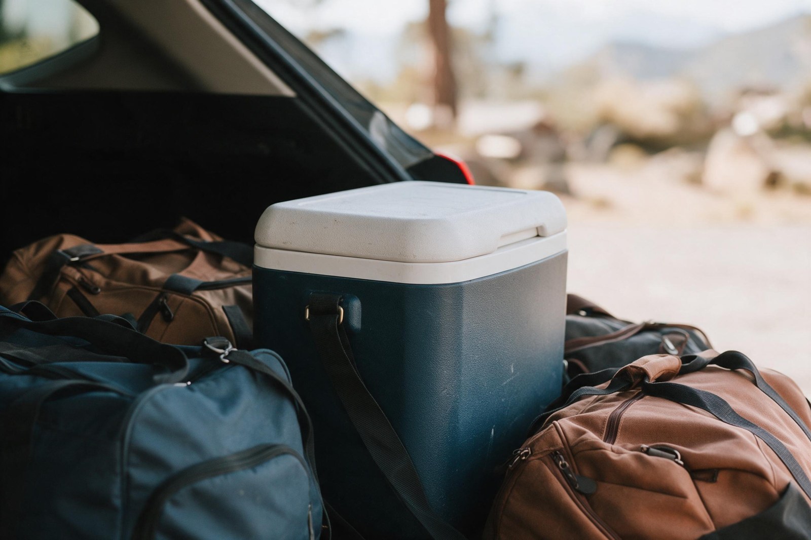 cooler positioned near trunk opening with other bags built around it