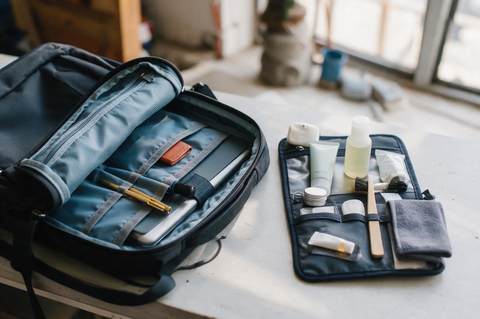 minimalist toiletry kit laid out next to an open carry-on front pocket