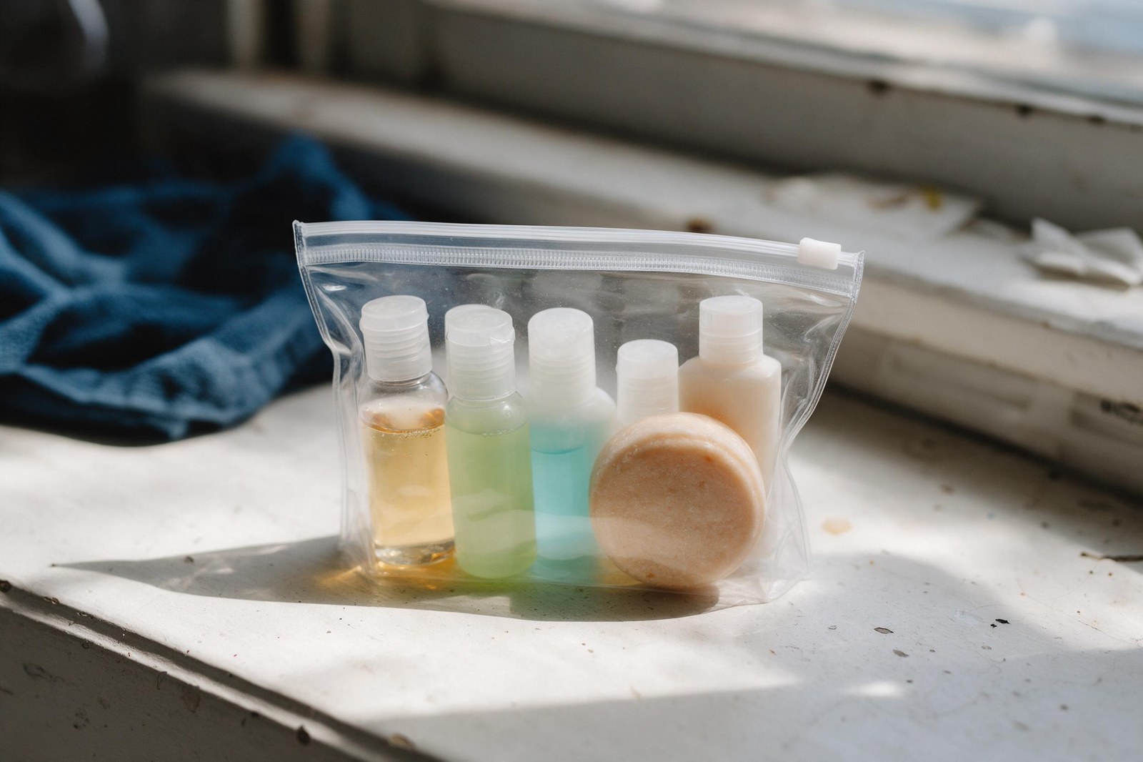 clear zip-top bag with mini bottles and a shampoo bar, packed flat