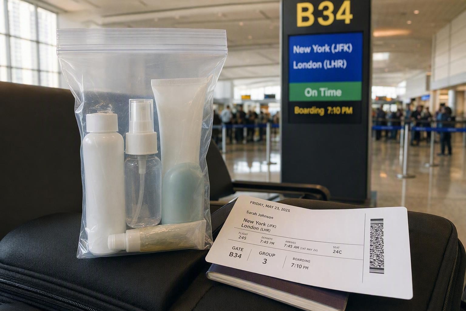 author's current 3-1-1 quart bag next to boarding pass and gate sign